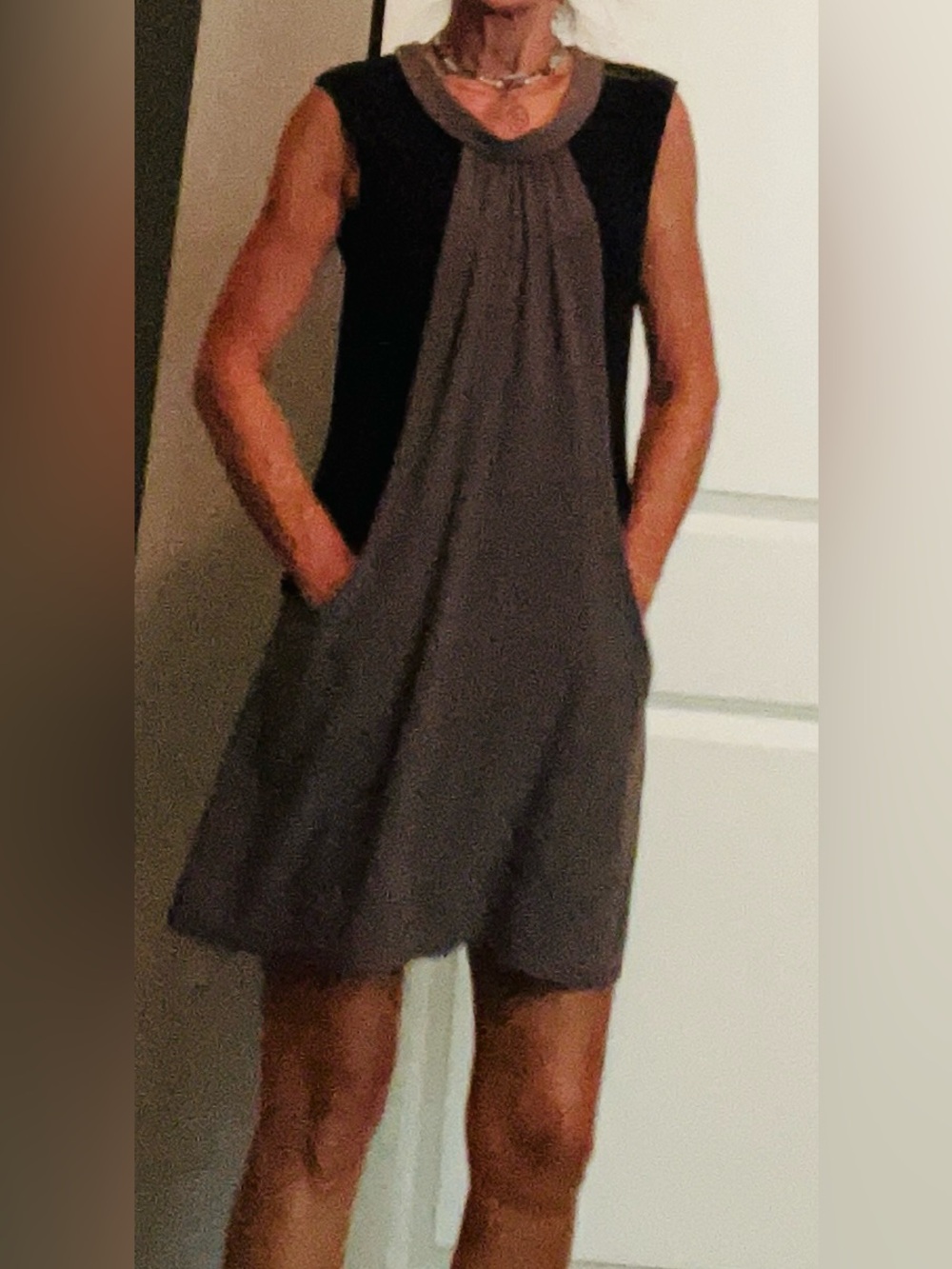 Joseph Ribkoff Drape Front Colorblock Shift Dress Taupe Black   Originally $239